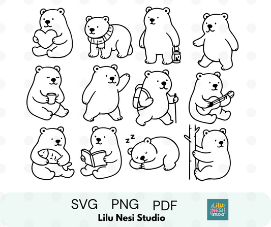 cute polar bear svg bundle with cozy doodle bear illustrations
