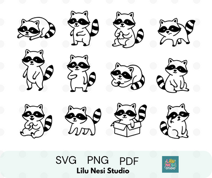 Cute raccoon SVG bundle with 12 minimalist raccoon clipart illustrations for Cricut crafts