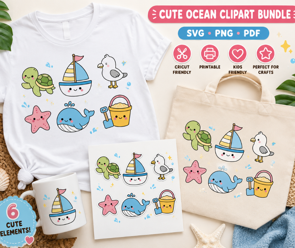 Ocean-themed digital clipart perfect for sublimation, scrapbooking, invitations, and nursery designs.