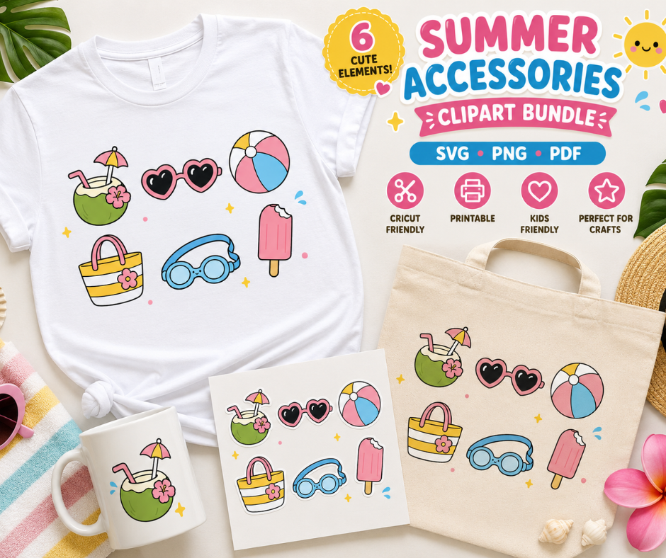 Kawaii beach accessory PNG collection with colorful summer illustrations for kids and nursery designs.