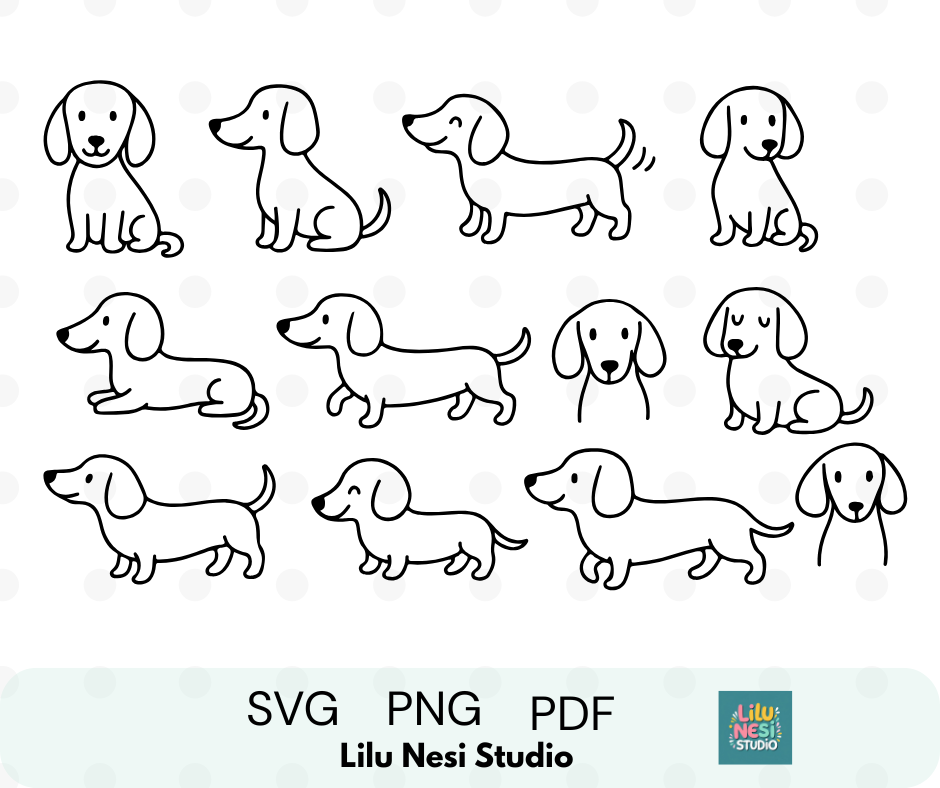 Cute dachshund dogs SVG bundle with minimalist sausage dog doodles for Cricut crafts, stickers, pet-themed projects, DIY gifts, and dog lover creations.