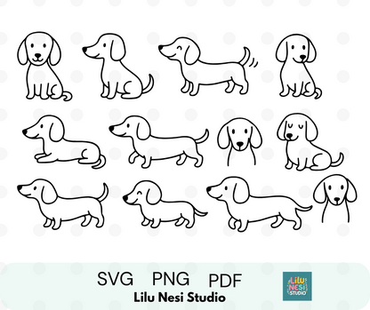 Cute dachshund dogs SVG bundle with minimalist sausage dog doodles for Cricut crafts, stickers, pet-themed projects, DIY gifts, and dog lover creations.