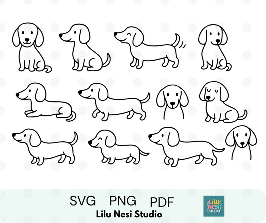 Cute dachshund dogs SVG bundle with minimalist sausage dog doodles for Cricut crafts, stickers, pet-themed projects, DIY gifts, and dog lover creations.