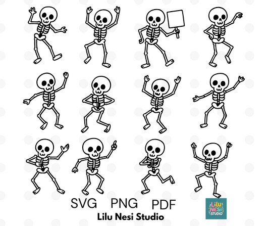cute dancing skeleton svg bundle with playful halloween doodles
