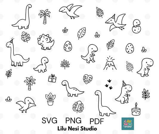 cute dinosaur svg bundle with dinosaurs eggs volcanoes and tropical plants