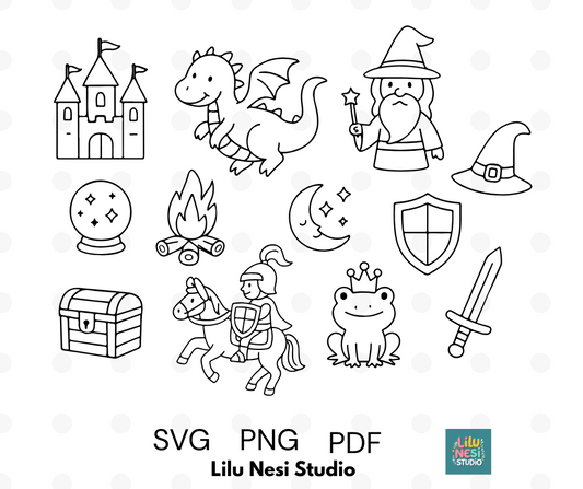 fantasy magic svg bundle with dragons castles and wizard doodles
