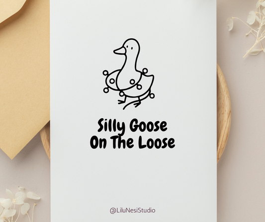 Cute holiday goose doodle collection with Santa hats, gifts, Christmas tree, skating, and winter accessories.