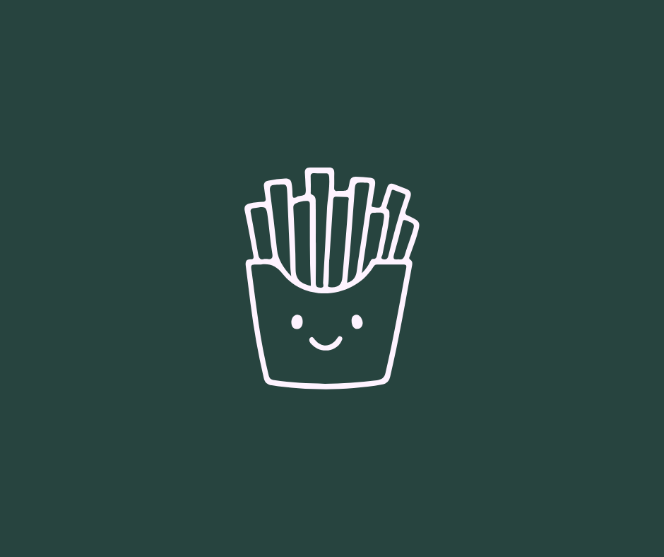 Outline of a smiling carton of fries on a dark green background