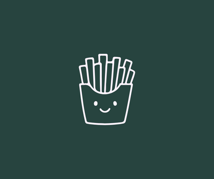 Outline of a smiling carton of fries on a dark green background
