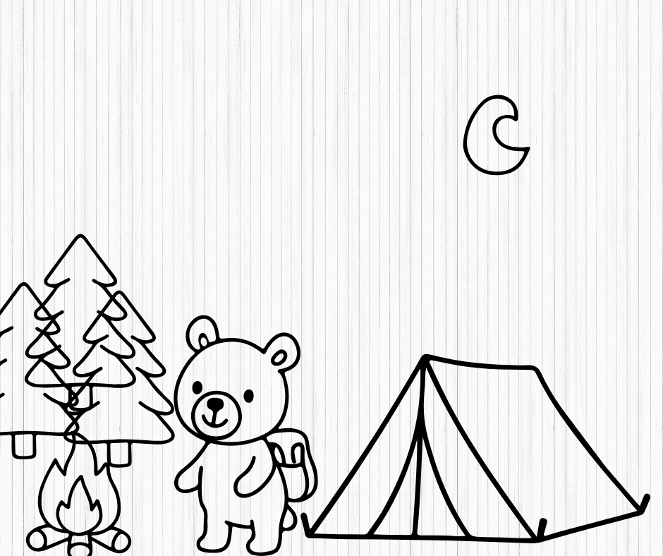 black and white camping doodles for printable projects and stickers
