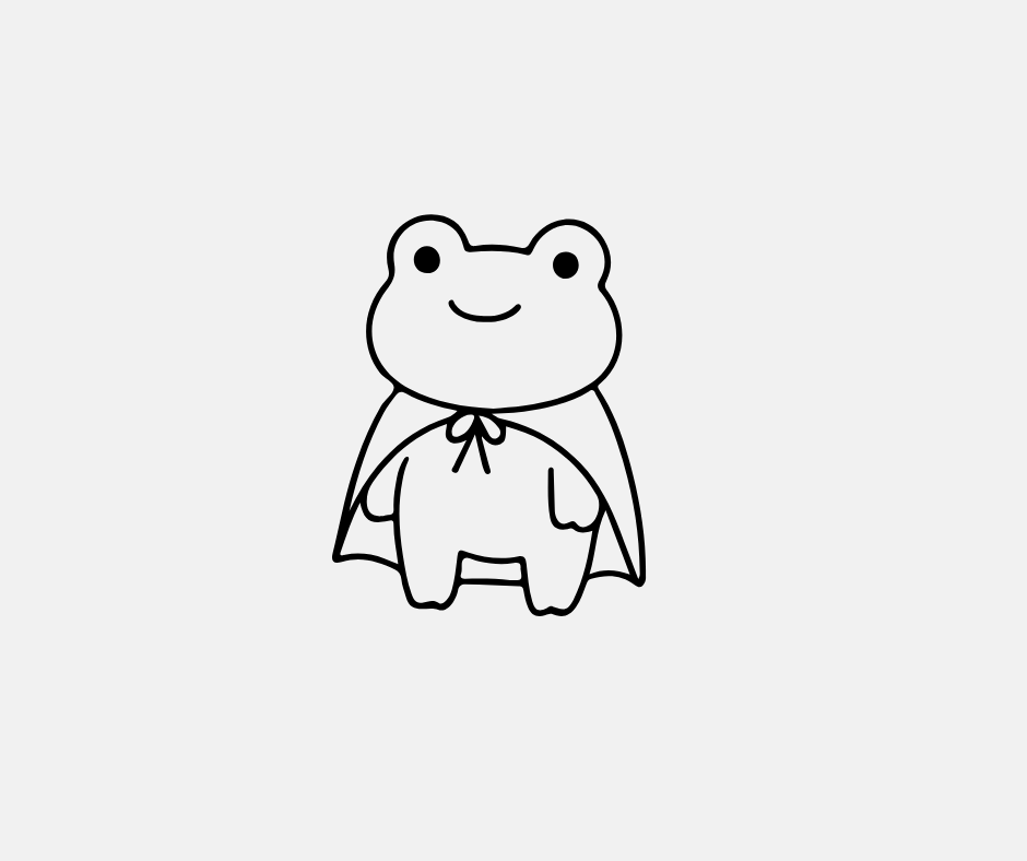 Black line drawing of a frog with a cape on a white background