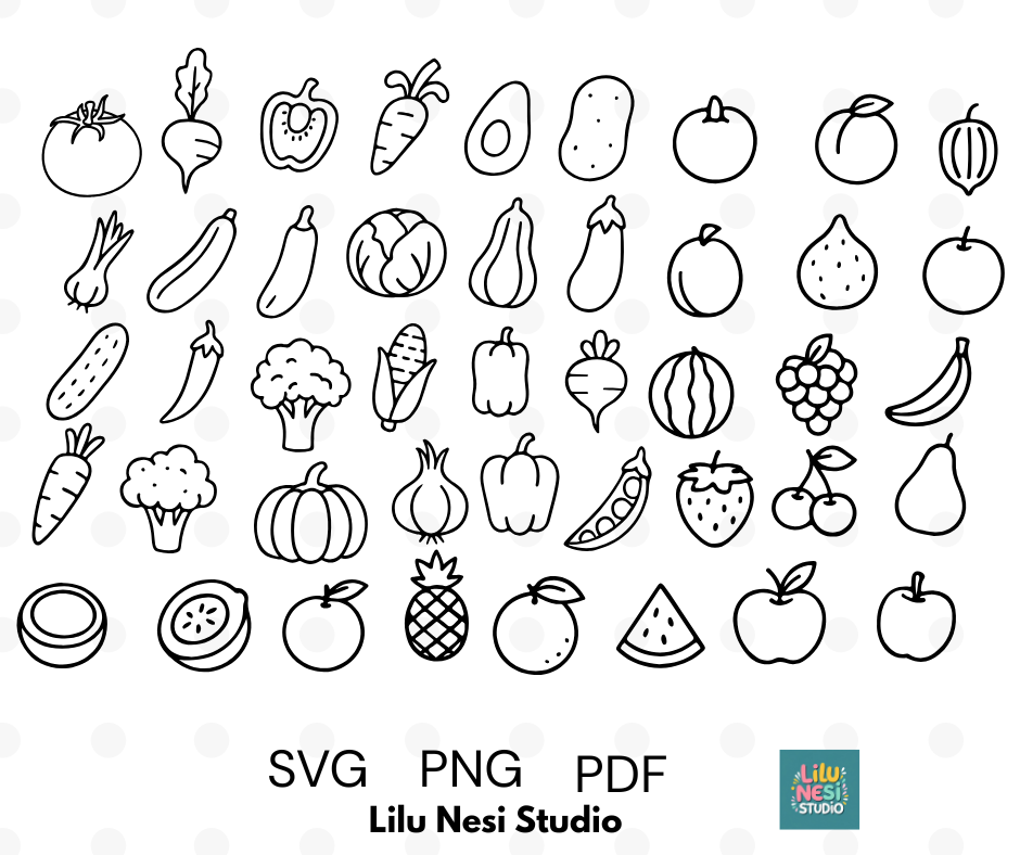 cute fruit and vegetable svg bundle with healthy food doodles
