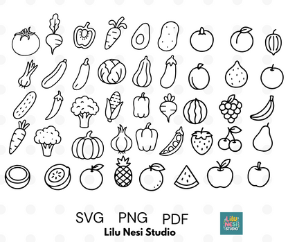 cute fruit and vegetable svg bundle with healthy food doodles
