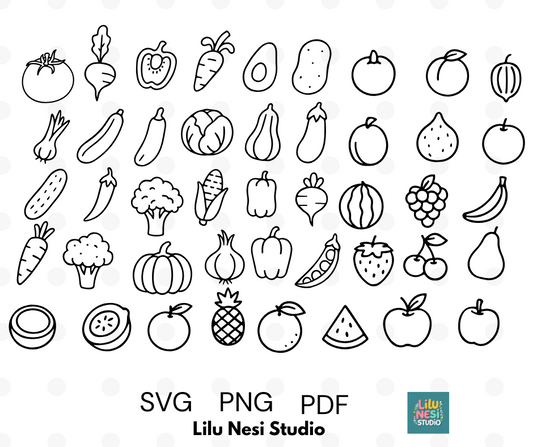 cute fruit and vegetable svg bundle with healthy food doodles
