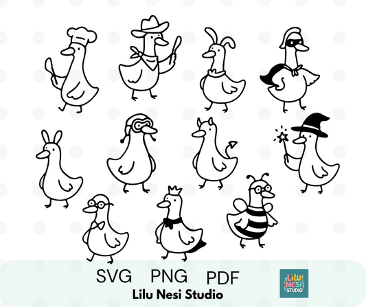Goose Costume SVG bundle featuring 12 cute goose character illustrations for Cricut crafts.