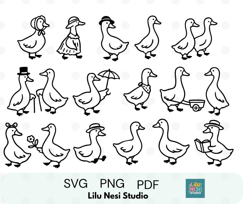 Goose Couple SVG bundle featuring 15 adorable goose clipart illustrations for Cricut crafts.