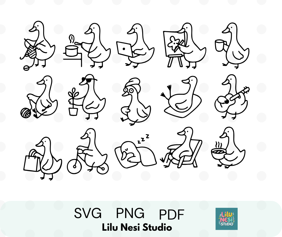 Goose Daily Life SVG bundle featuring 15 cozy goose clipart illustrations for Cricut crafts.