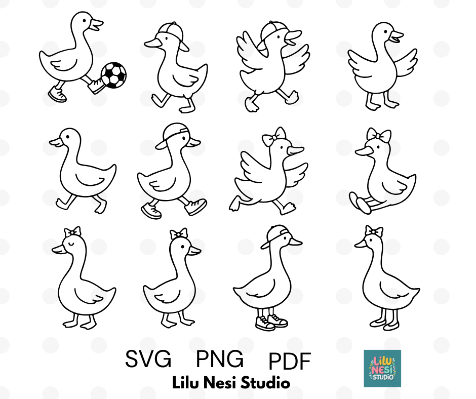 Goose Walking SVG bundle featuring 12 playful goose clipart illustrations for Cricut crafts.