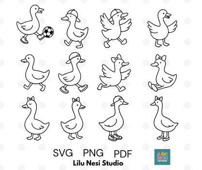 Goose Walking SVG bundle featuring 12 playful goose clipart illustrations for Cricut crafts.