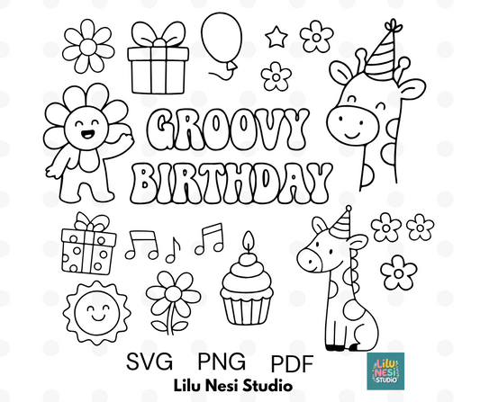 groovy birthday svg bundle with retro flowers and giraffe doodles
