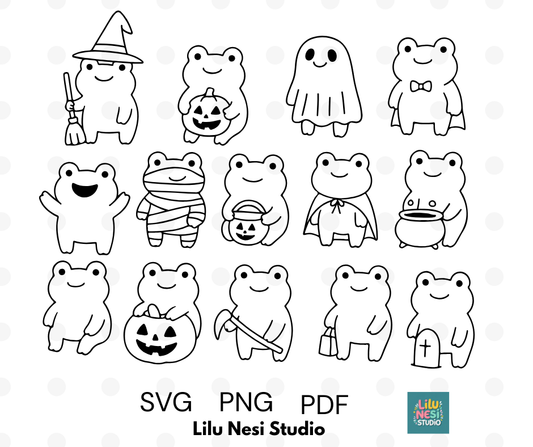 Set of Halloween-themed frog illustrations in various costumes on a white background with 'Lilu Nesi Studio' branding.