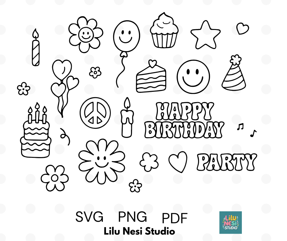 cute birthday svg bundle with cakes balloons and party doodles
