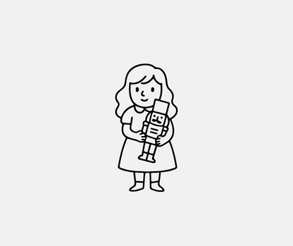 Simple black line drawing of a girl holding a teddy bear on a white background