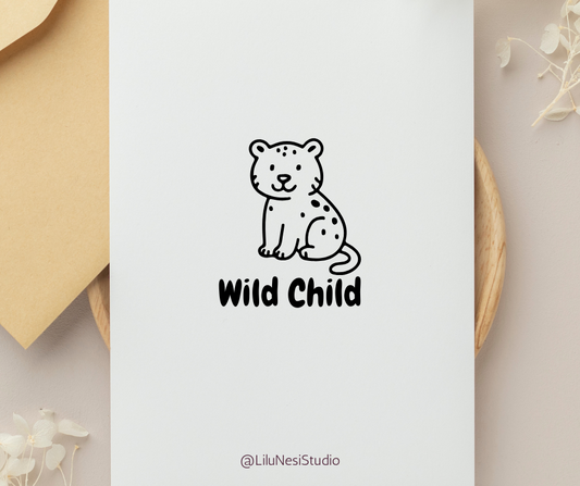 Card with a leopard illustration and 'Wild Child' text on a white background
