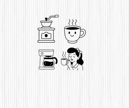 Black and white coffee SVG collection for cafés, gifts, sublimation, and crafting.