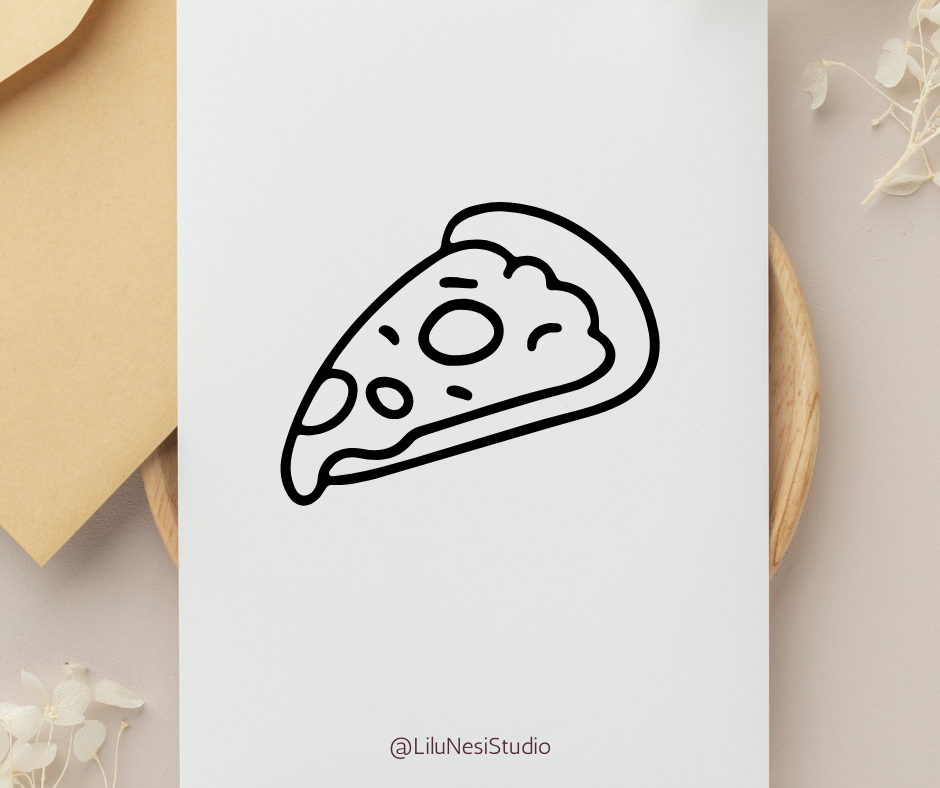Black line drawing of a pizza slice on a white card with 'LiluNesiStudio' branding.