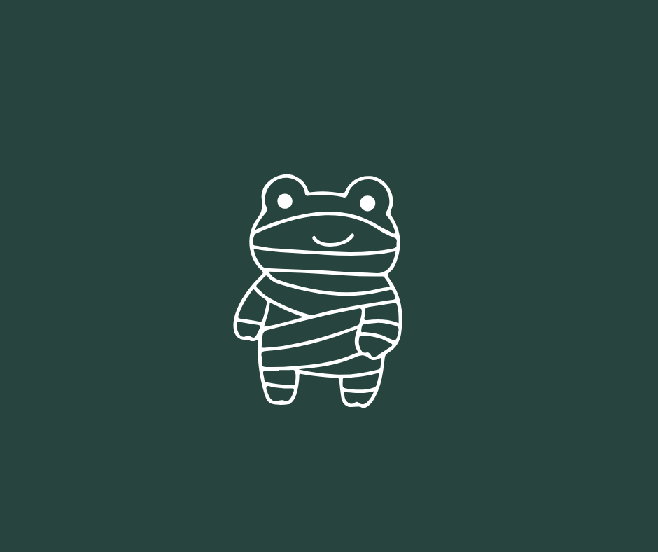 White outline of a frog character on a dark green background