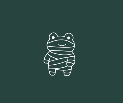 White outline of a frog character on a dark green background