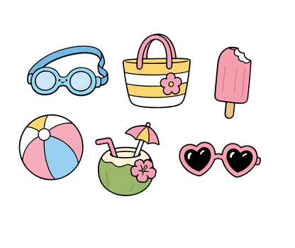 Cute summer-themed digital clipart featuring beach essentials in a pastel kawaii style.