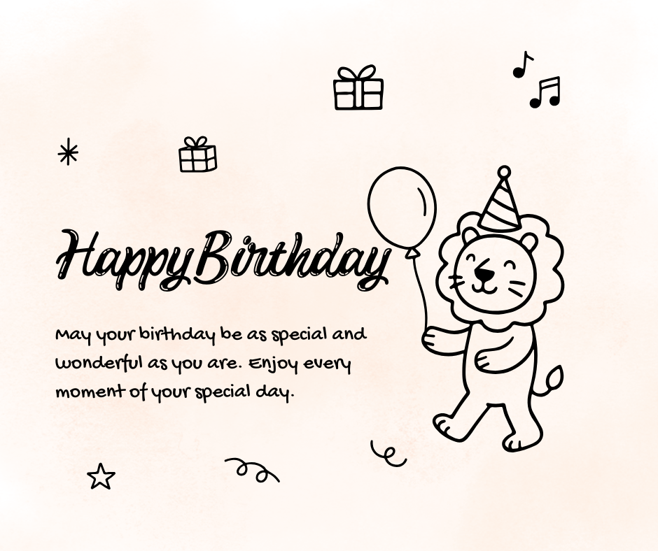 black and white birthday animal doodles with balloons and party hats