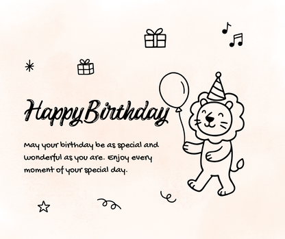 black and white birthday animal doodles with balloons and party hats