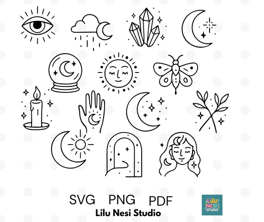Collection of black line art illustrations on a white background with 'Lilu Nesi Studio' branding.