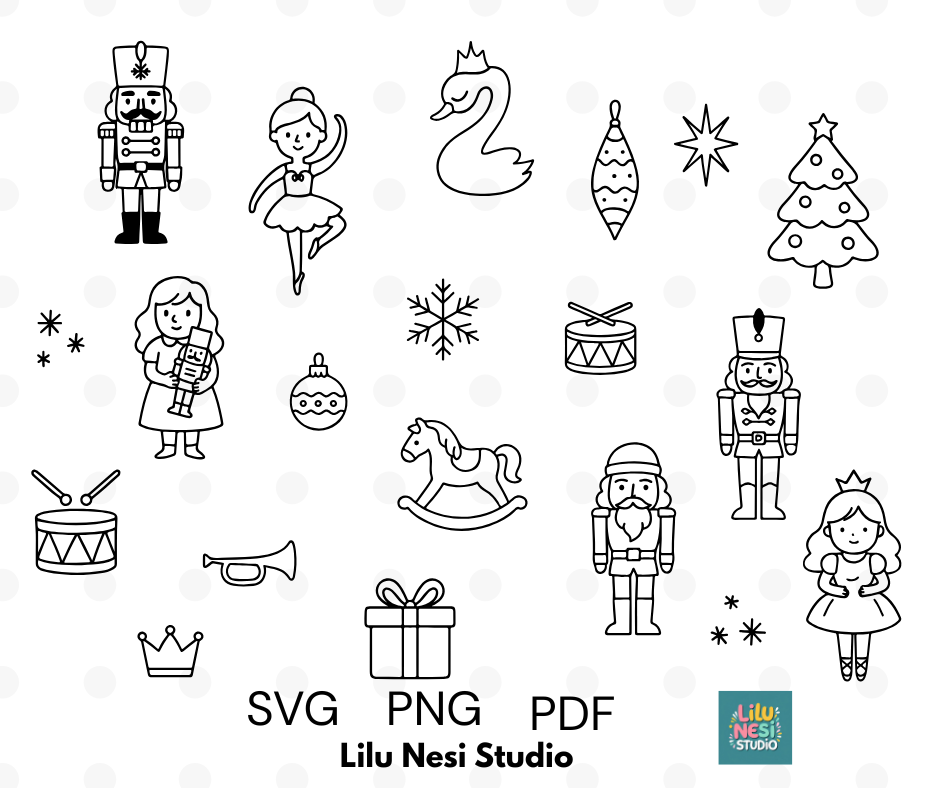 Collection of black line art illustrations on a white background with 'SVG PNG PDF' text and Lilu Nesi Studio logo.