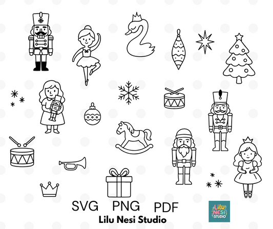 Collection of black line art illustrations on a white background with 'SVG PNG PDF' text and Lilu Nesi Studio logo.