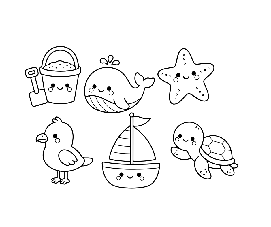 Kawaii sea animal clipart bundle with smiling beach illustrations for kids and baby projects.