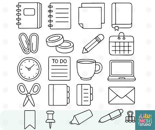 Collection of black line art office supplies icons on a white background