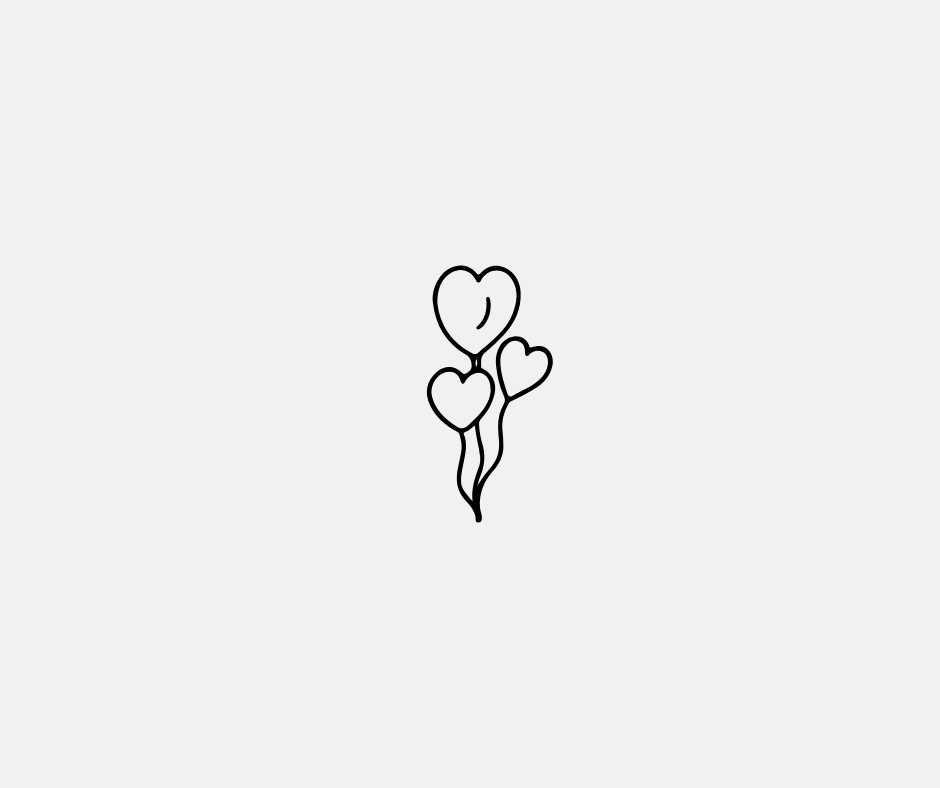 Black line drawing of heart-shaped balloons on a white background