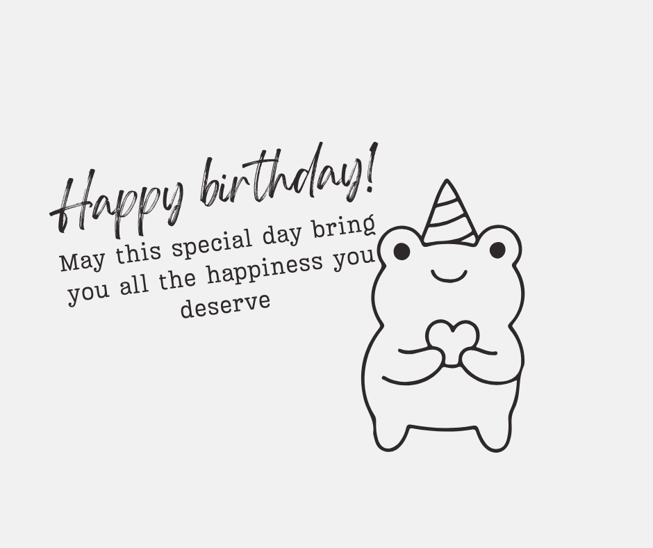Happy birthday card with a cartoon frog wearing a party hat on a white background