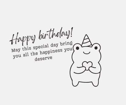 Happy birthday card with a cartoon frog wearing a party hat on a white background