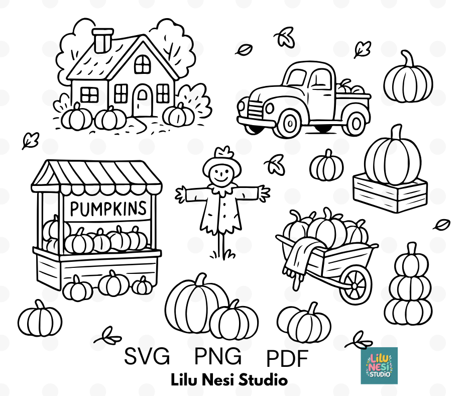 pumpkin patch svg bundle with vintage truck pumpkins scarecrow and farmhouse illustrations