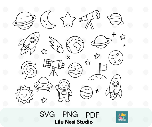 Space SVG bundle featuring 25 cute outer space clipart illustrations for Cricut crafts.