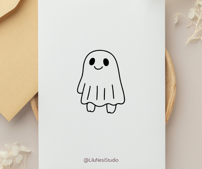 Simple black line drawing of a ghost on a white card with 'LiluNesiStudio' branding.