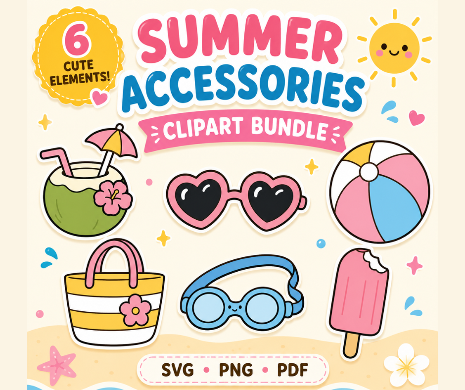 Summer Accessories Clipart Bundle featuring six kawaii summer illustrations including sunglasses, beach ball, tote bag, popsicle, coconut drink, and swim goggles.