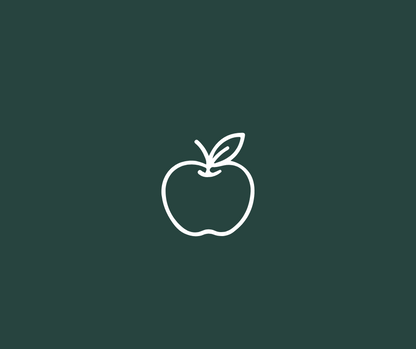White outline of an apple with a leaf on a dark green background