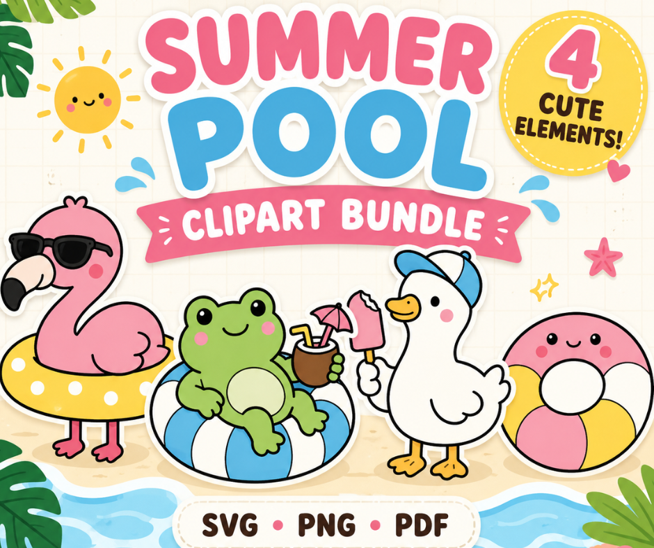 Summer Pool Clipart Bundle featuring four kawaii pool-themed illustrations including a flamingo float, frog on a swim ring, duck with a popsicle, and beach ball.