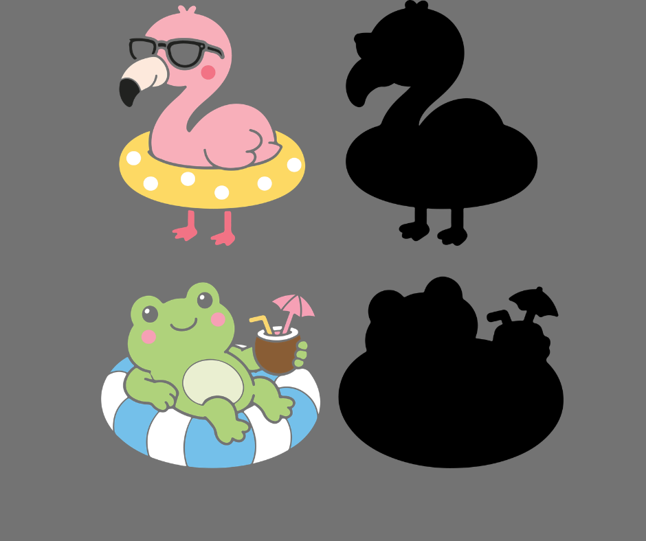 Colorful summer vacation clipart featuring pool toys and cheerful beach characters.